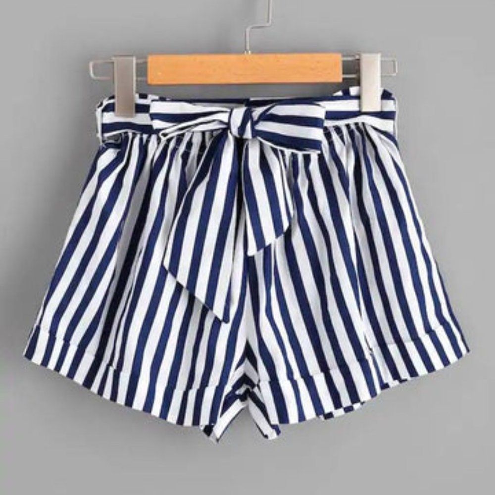 Together For Eternity Navy Blue White Striped Shorts S
